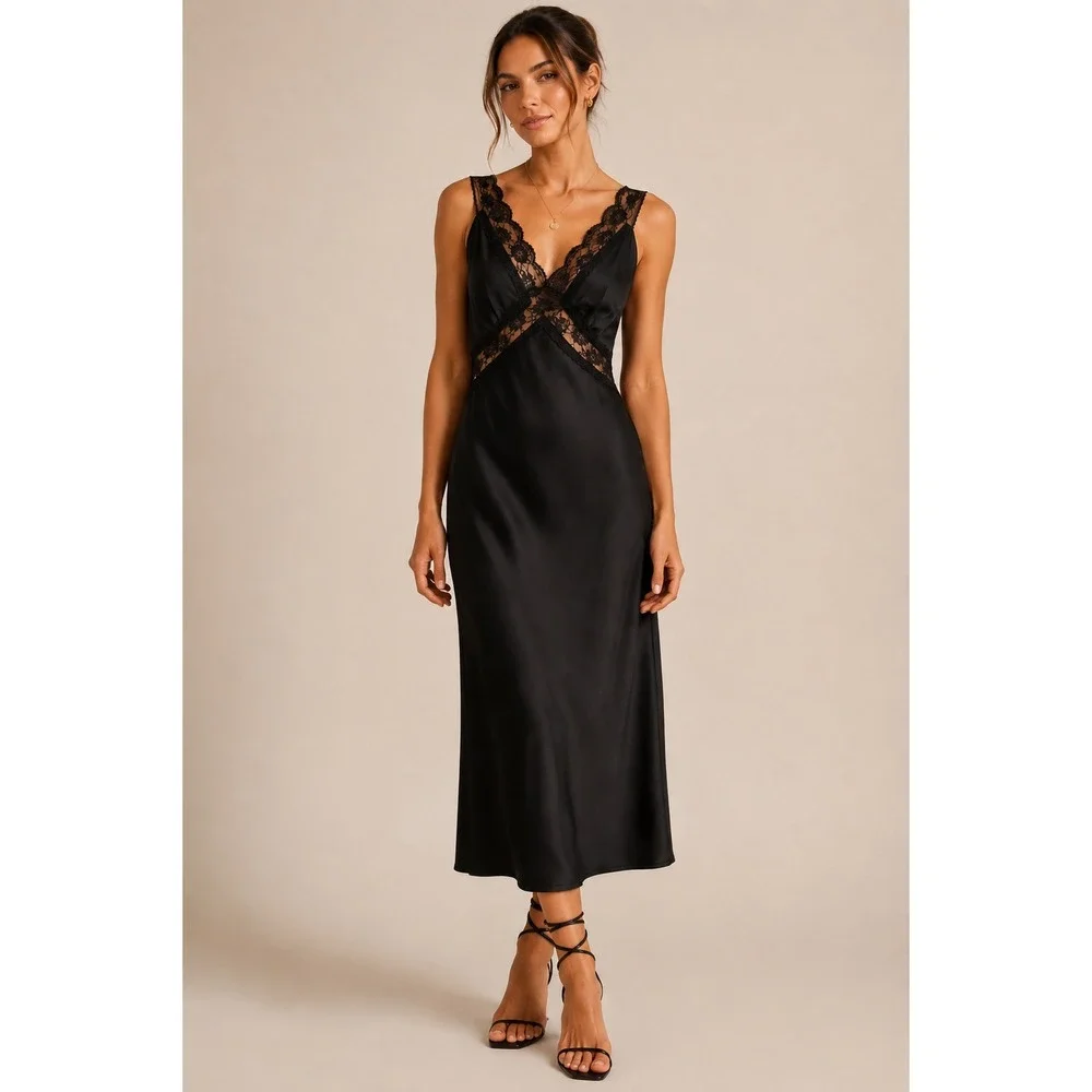 Abercrombie & Fitch Black Lace Satin Maxi Bias Cut Slip Dress S Y2K Romantic